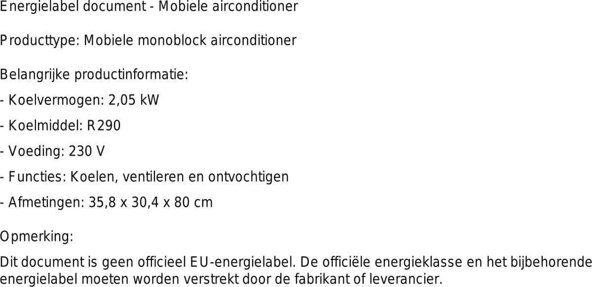 Mobiele airco Swegon 2,05 kW – Monoblock met ontvochtiger, 3 ventilatiestanden en R290-koelmiddel thumbnail 2