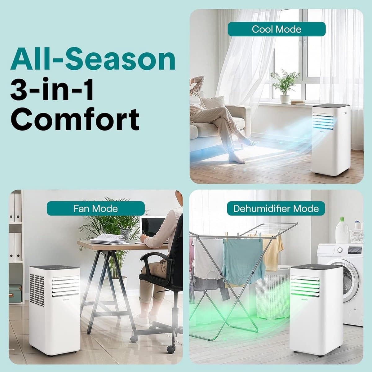 Mobiele airco 8000 BTU draagbaar met ontvochtiger, ventilator en led-display inclusief raamkit thumbnail 7
