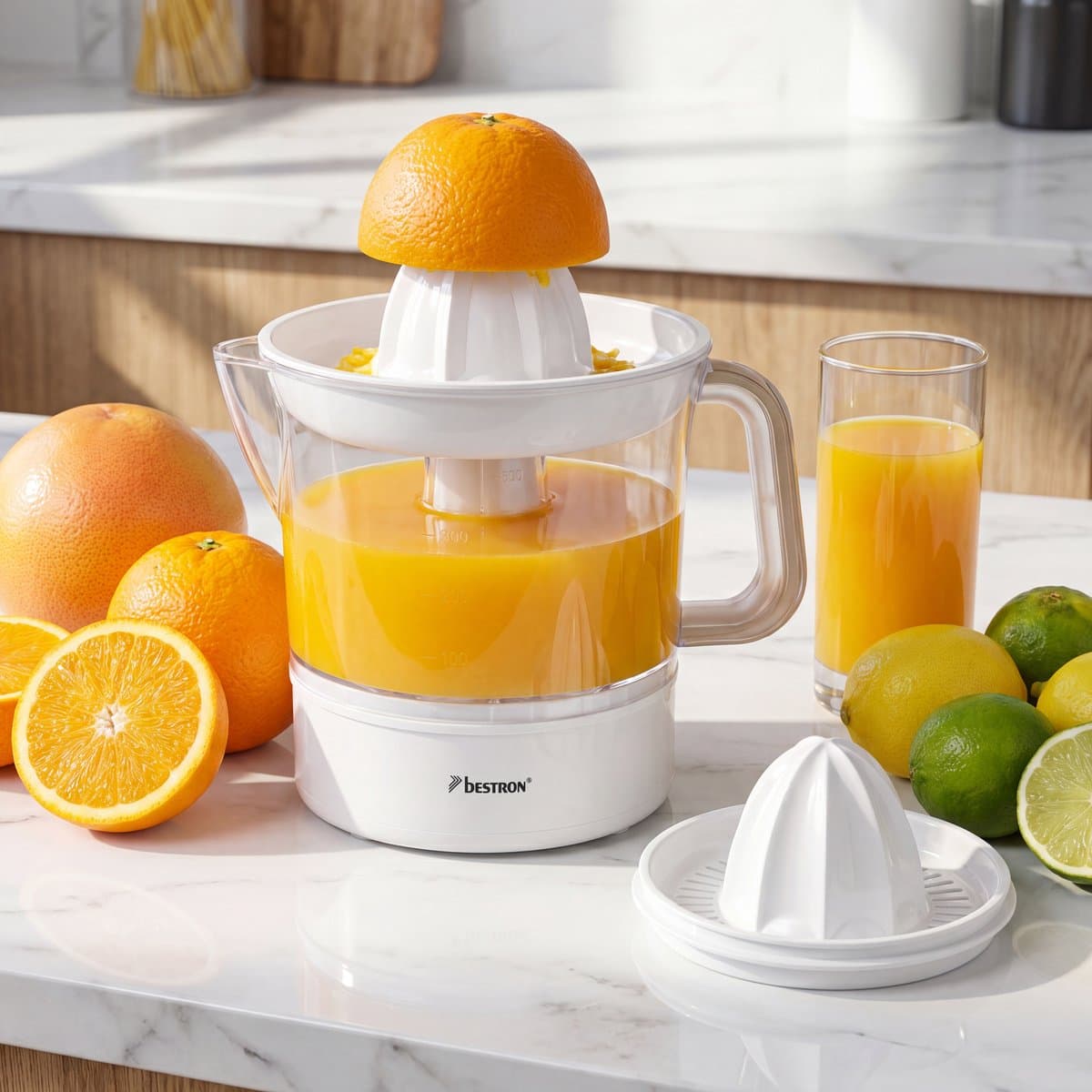 Bestron Citruspers Elektrisch - ACJ350NH - 40W - Incl. 2 perskegels, aromadeksel, sap reservoir - 0,7 Liter - Wit - 5 jaar garantie thumbnail 5