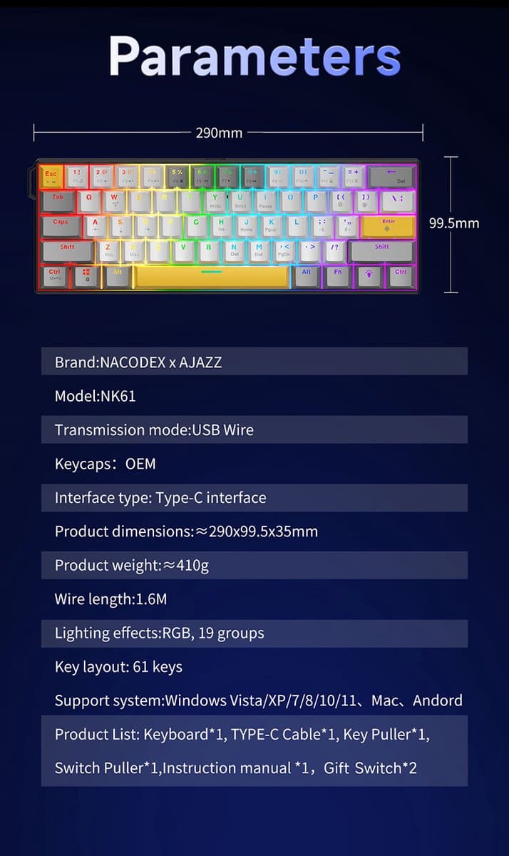 AJAZZ NK61 RGB Mechanisch Toetsenbord – 60% Gaming Keyboard – Hot Swappable – Rode Switches – 61 Toetsen – USB Bekabeld – Zwart thumbnail 3