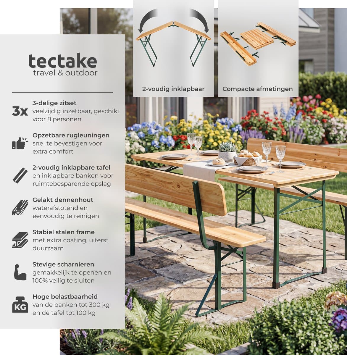 tectake® Biertafel met 2 Banken - 8 personen - 170 cm lang - 3-delige Biertafelset met Inklapbare Tafel en Banken met Rugleuningen - Tuintafel - Bierbank Oktoberfest thumbnail 2