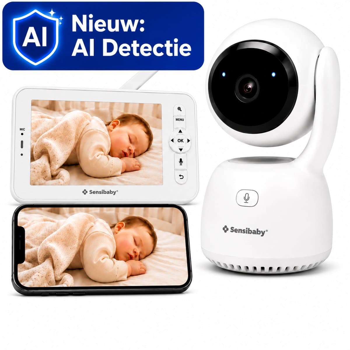 Babyfoon met Camera en App - AI Meldingen bij Huilen, Gezichtsbedekking en Buikligging - QHD Camera - Nachtzicht - 64GB SD-kaart - Baby Monitor - Sensibaby