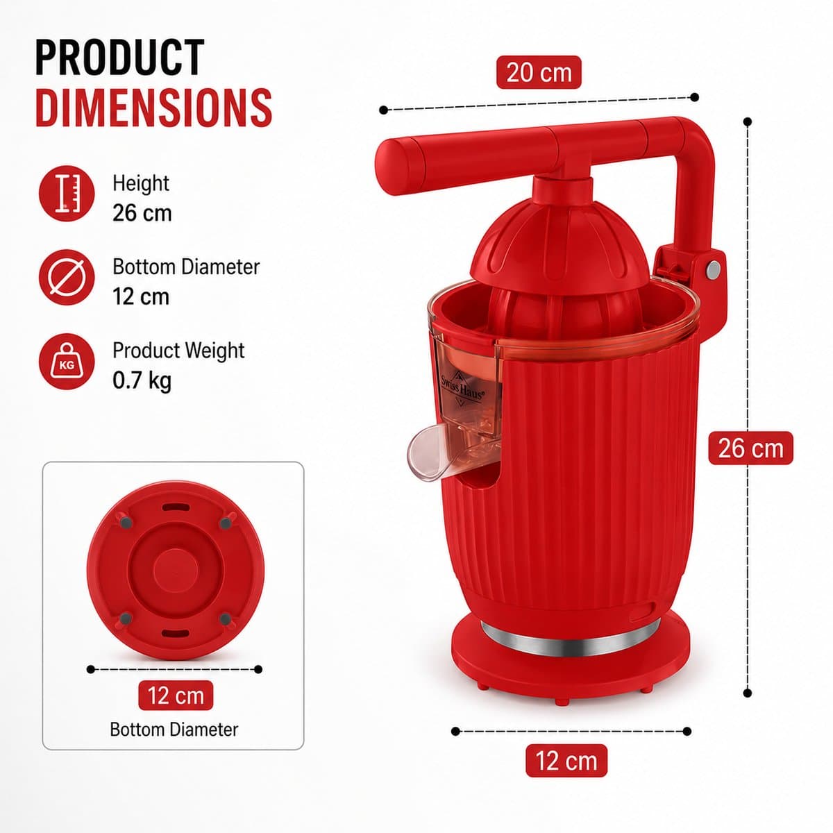 Swiss Haus® CJ1914 Citruspers Elektrisch - 140W – Elektrische Sinaasappelpers met Pershendel – 2 Perskegels – Verse Sinaasappelsap – Afneembare Onderdelen – Rood thumbnail 5