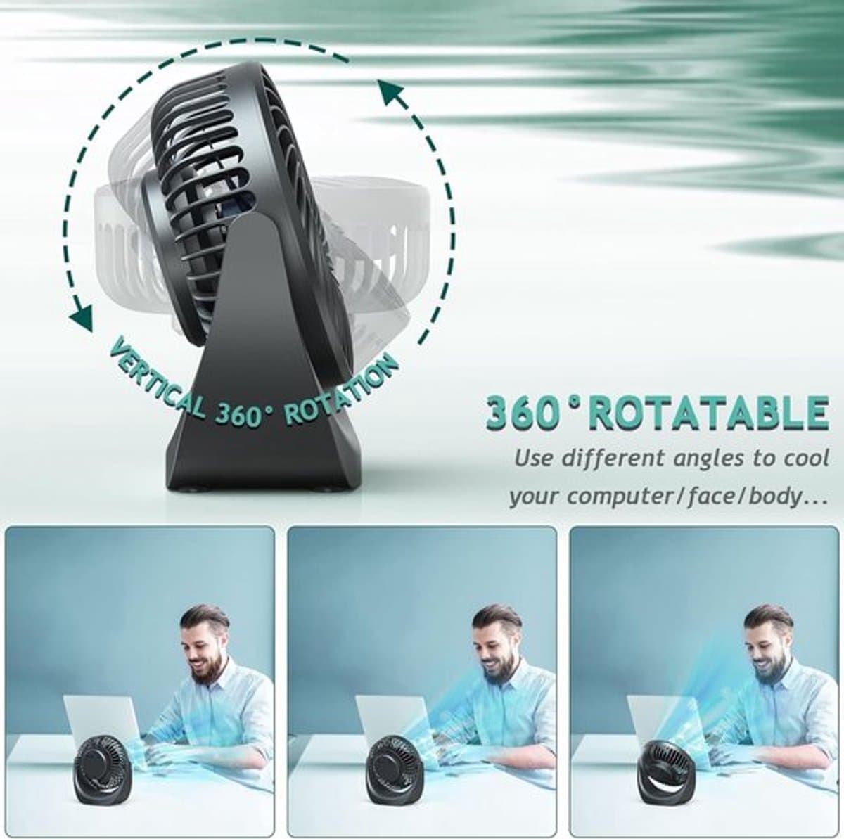 Solvix tafel ventilator geluidloos - Bureauventilator - Zwart - Oplaadbare 4000 mAh Accu - 5 Snelheden - Voor Thuis en Op Kantoor thumbnail 3