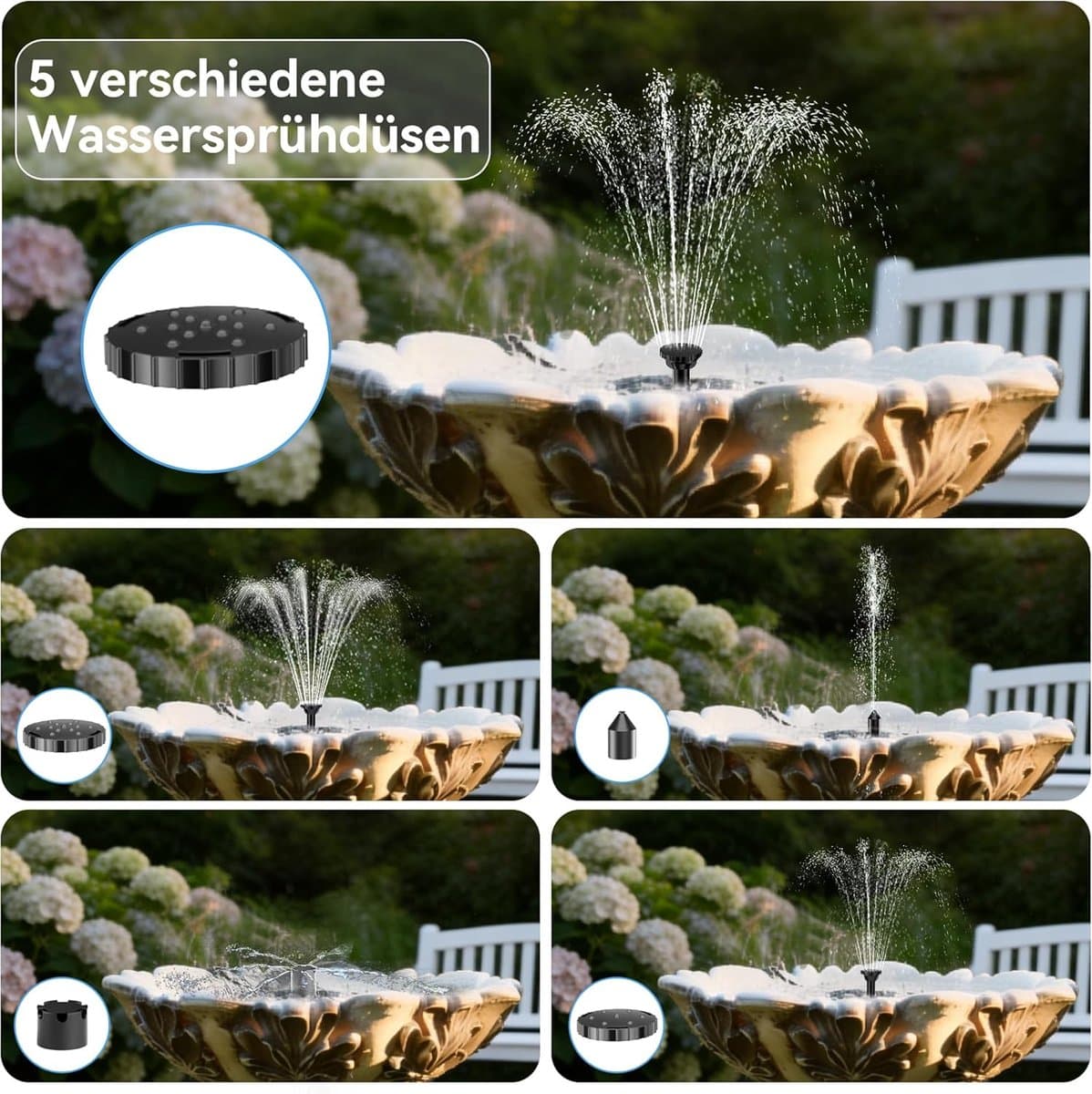 POPOSOAP Solarfontein voor vogelfontein - 3 W Solarwaterpomp met 1,2 m slang - 5 sproeiers - Solarfontein voor kleine vijvers buiten - Tuin thumbnail 4