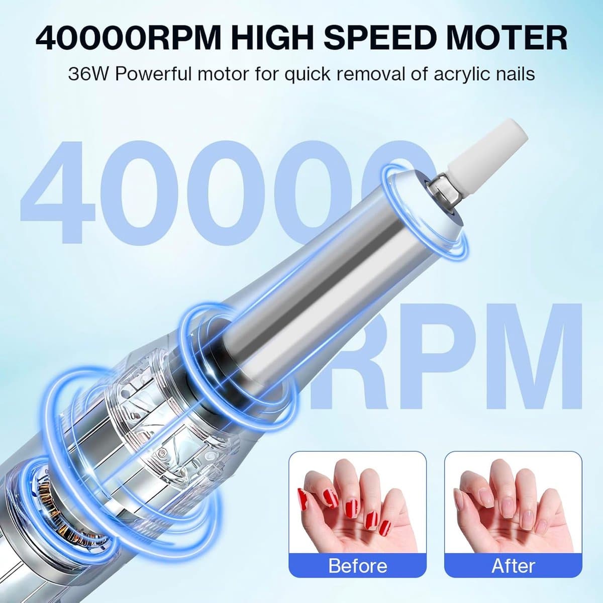 SnelShoppen - Professionele Nageldroger 40000RPM, Elektrische Nagelvijl voor Acryl en Gel Nagels, Multifunctioneel Nagelset met 12 Bits, Luminous Touc thumbnail 5