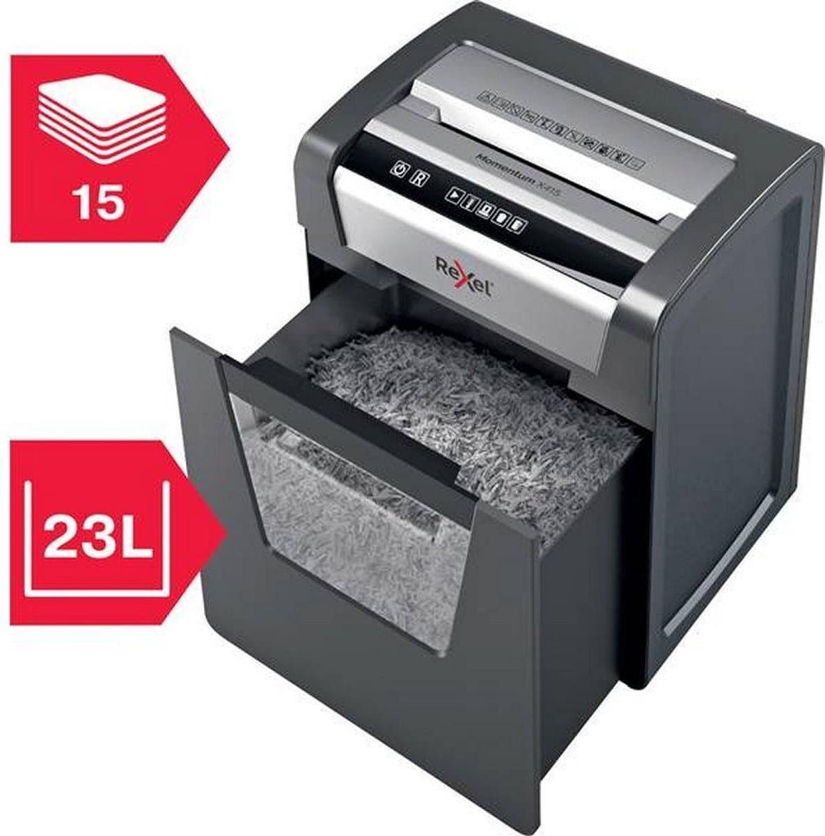 Rexel Momentum X415 Stille Papierversnipperaar - P4 Snippers - Tot 15 Vel - 23L - Zwart thumbnail 4