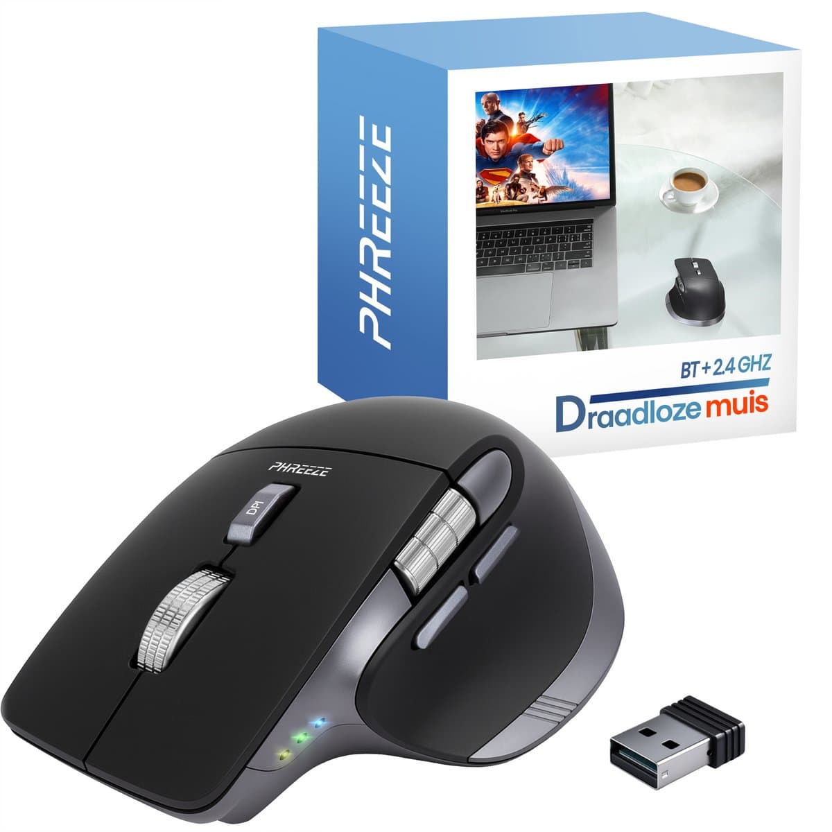 Phreeze Master 3S Pro Draadloze Ergonomische Muis - Bluetooth & 2.4Ghz USB - Computermuis Oplaadbaar - met Horizontaal & Smart Scrollwiel (Snel Scrollen) thumbnail 6