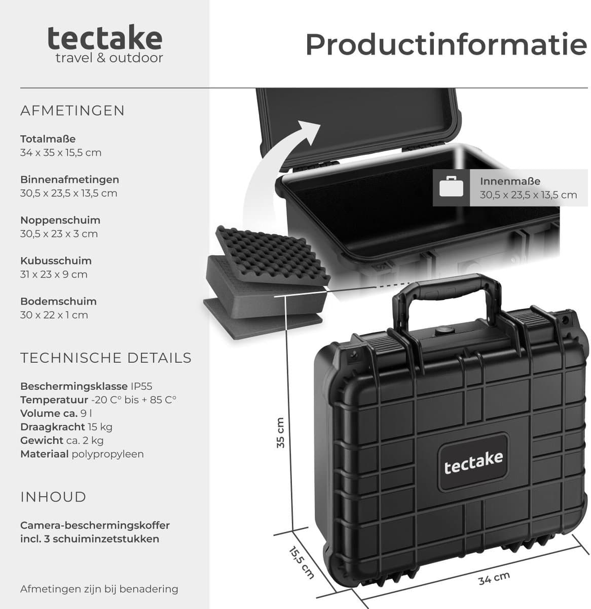 tectake® Universele Koffer - Transportkoffer - Camerakoffer - Blokschuim - Waterdichte afsluitbare box voor foto's - Hardcase, opbergbox - Gereedschapskoffer - afm. 35 x 34 x 15,5 cm thumbnail 8
