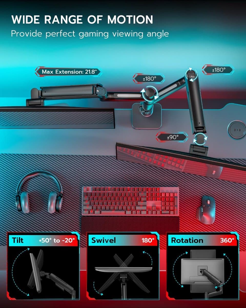 Dubbele Verticaal Monitor Arm voor 17-49 Inch Ultrawide Schermen - Zware Duty Monitorstandaard met USB en Gasveer thumbnail 5