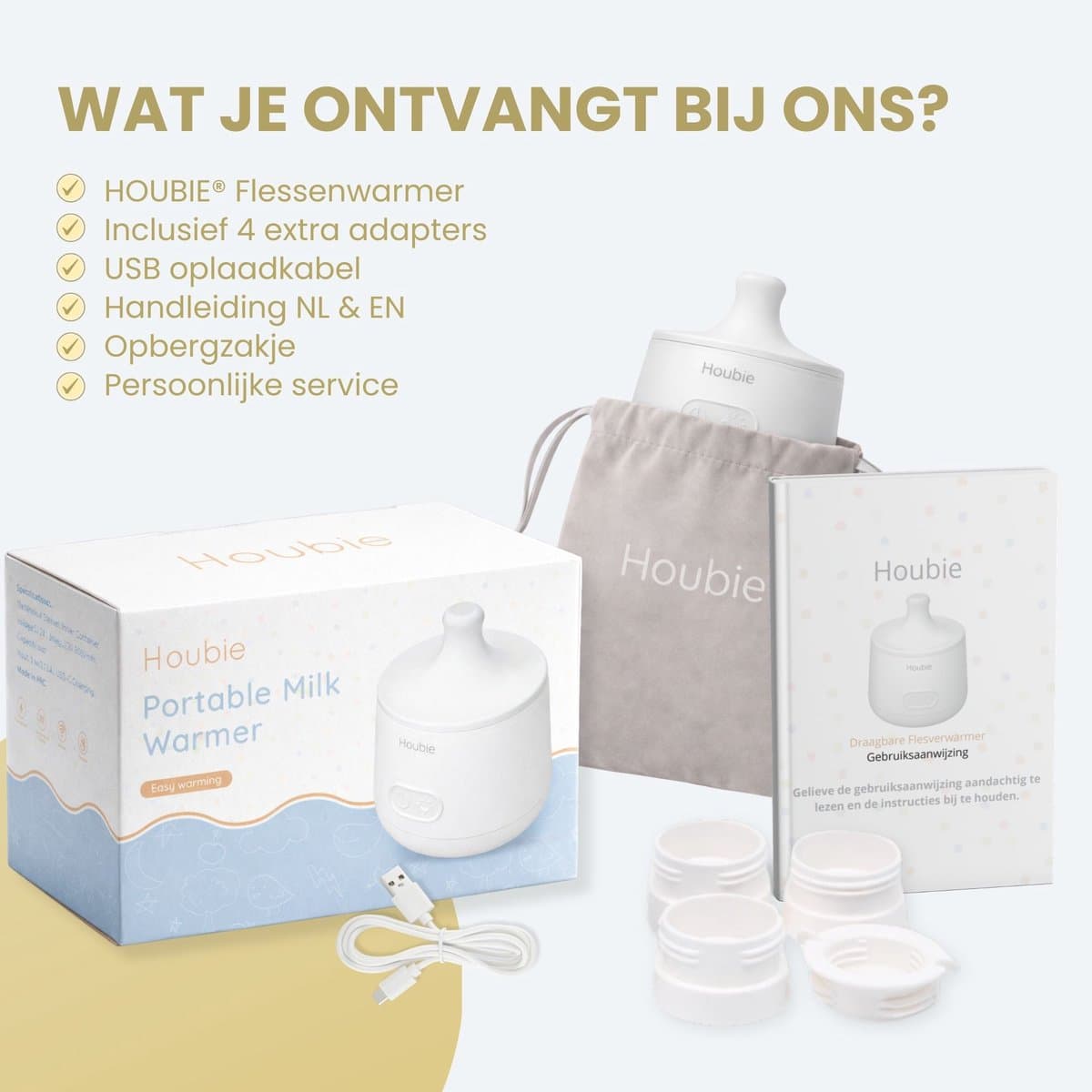 HOUBIE® Baby - Flessenwarmer onderweg - Draagbare flessenwarmer - Flessenwarmer draadloos - 4 Temperatuurniveaus - Draadloos - Inclusief 4 Adapters - USB Oplaadbaar - 9000 mAh - Wit thumbnail 8