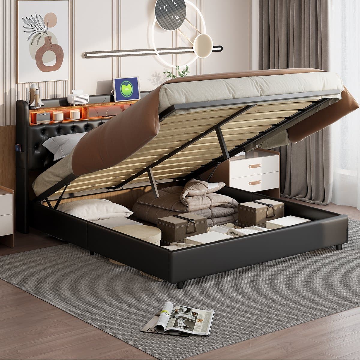 Opbergbed 180x200 met LED & USB – Zwart PU Tweepersoonsbed met Gaslift Opbergruimte thumbnail 3