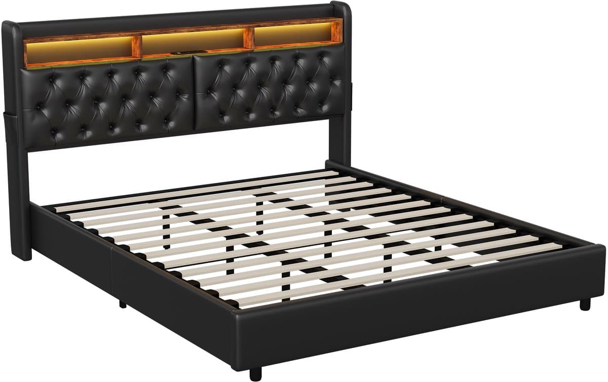 Opbergbed 180x200 met LED & USB – Zwart PU Tweepersoonsbed met Gaslift Opbergruimte thumbnail 6