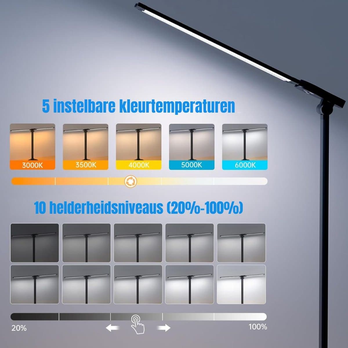 DnA® Bureaulamp LED - Burolamp - Bureaulamp Met Klem - Bureaulamp Kind - Bureaulamp LED Dimbaar - Zwart - 38cm x 4cm x 12cm thumbnail 5
