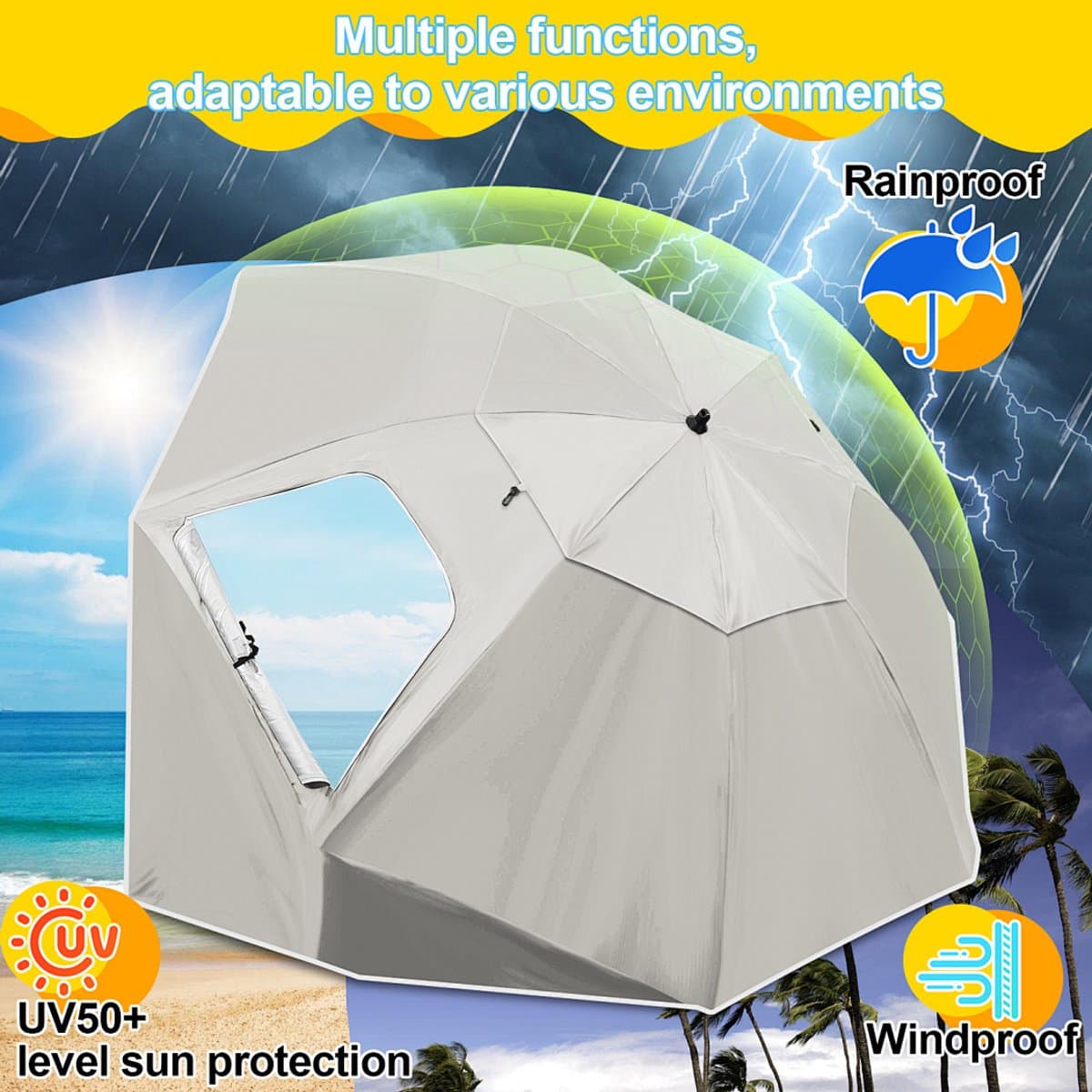 Lichtgewicht 2-in-1 strandparasol met UV50+ zonbescherming, stevig 210D Oxford doek met zilverlaag, compact opvouwbaar en makkelijk mee te nemen met draagtas, ideaal voor strand, camping en reizen thumbnail 7