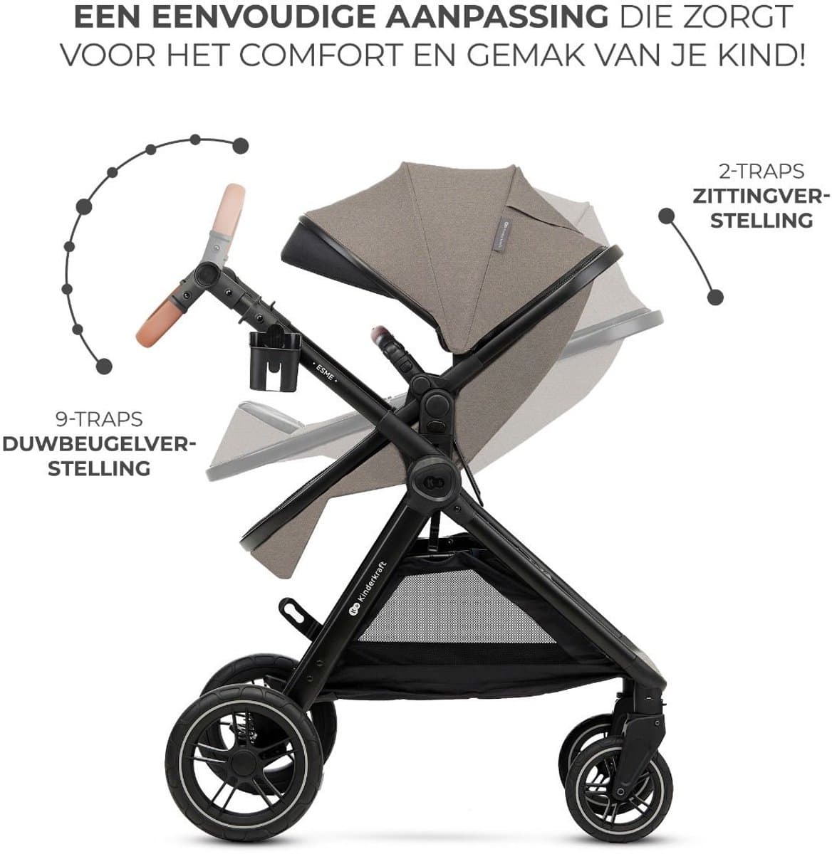 Kinderkraft ESME PRO 3-in-1 Kinderwagen – Beigekleurige multifunctionele combi met reiswieg, wandelwagen en autostoel - Beige thumbnail 5