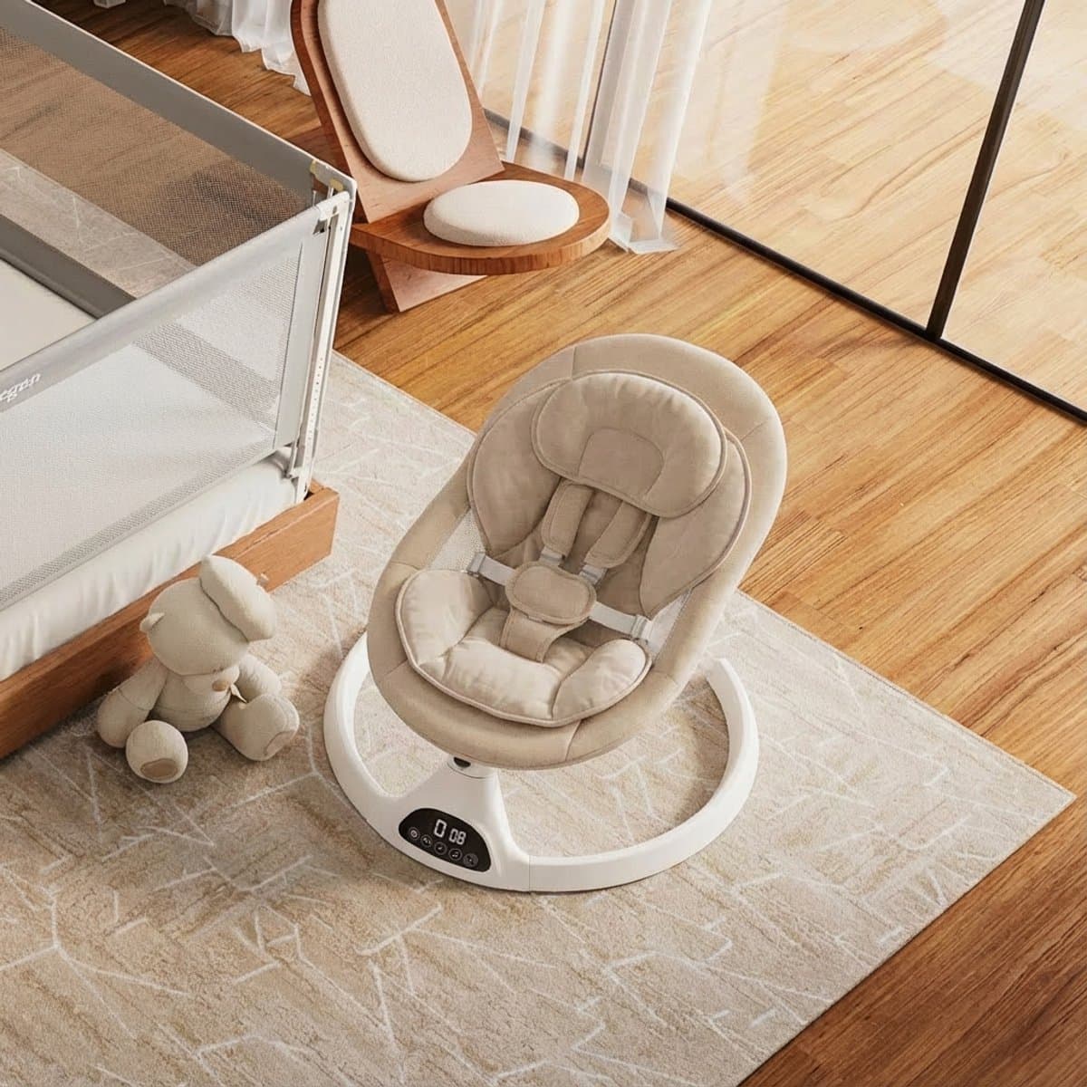 3Babies® Baby Swing – Elektrisch Wipstoel – Babyschommel – Elektrische Schommelstoel baby – Verstelbaar – Wasbare Bekleding – Afstandsbediening en App – Beige thumbnail 8