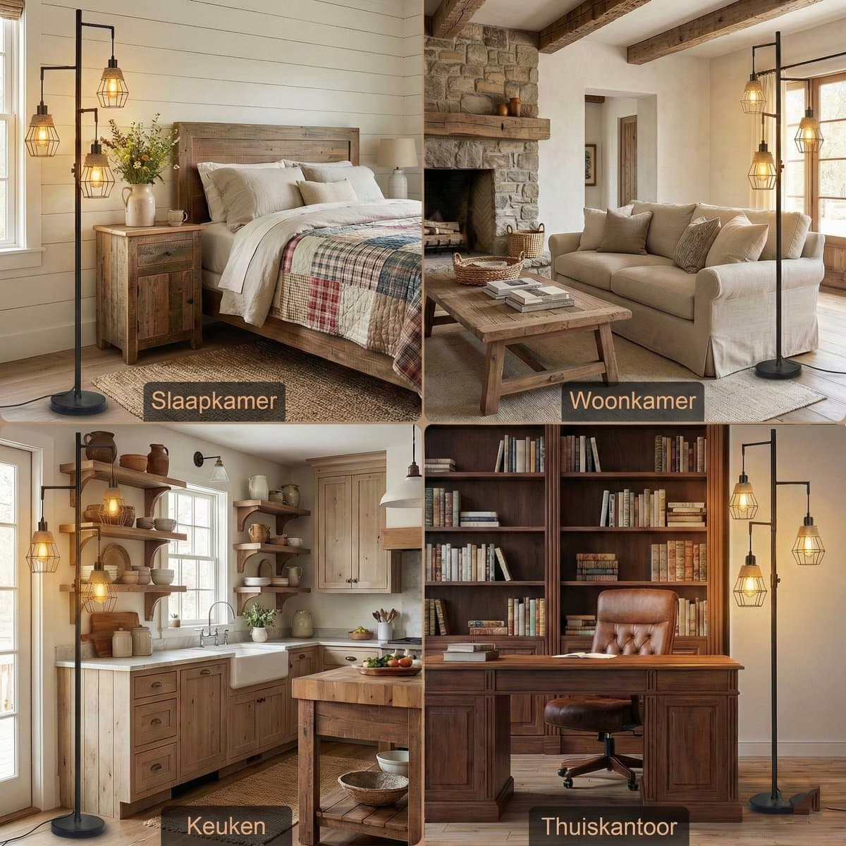 MUPOO Industrieel Vloerlamp Zwart met 3-Lichts - Staande Lamp met 3 Metalen Kappen & Henneptouw - Hoeklamp Woonkamer & Slaapkamer thumbnail 8