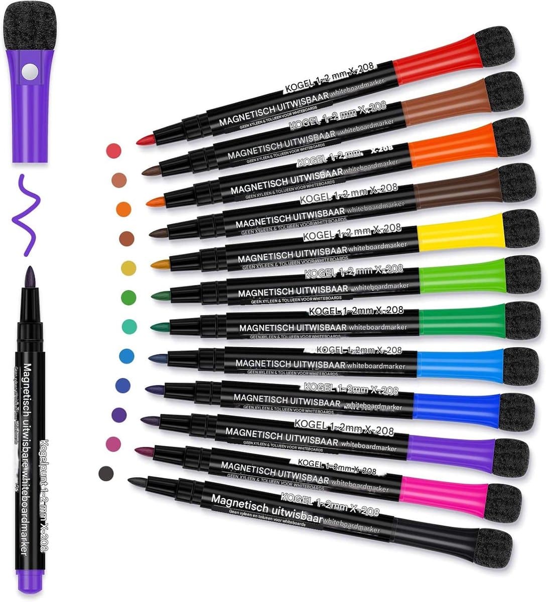Whiteboard Markers - Dry Erase Pens - Magnetisch Met Afveegknop - 12 Stuks - Kantoor School Thuis Wit thumbnail 2