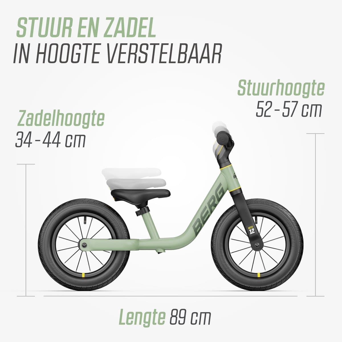 BERG MOOV12 Loopfiets - 2,5+ jaar - 12 inch - Lichtgewicht - Comfortabele luchtbanden - Verstelbaar Stuur en Zadel - Sage Green thumbnail 8