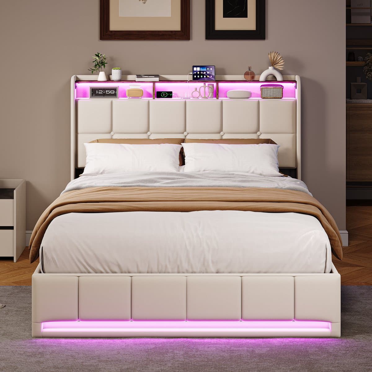 Opbergbed 160x200 cm Beige – Gestoffeerd Tweepersoonsbed met Gasveer, LED Hoofd- en Voetbord, USB/Type-C Oplaadpoort – Linnen Bedframe thumbnail 2