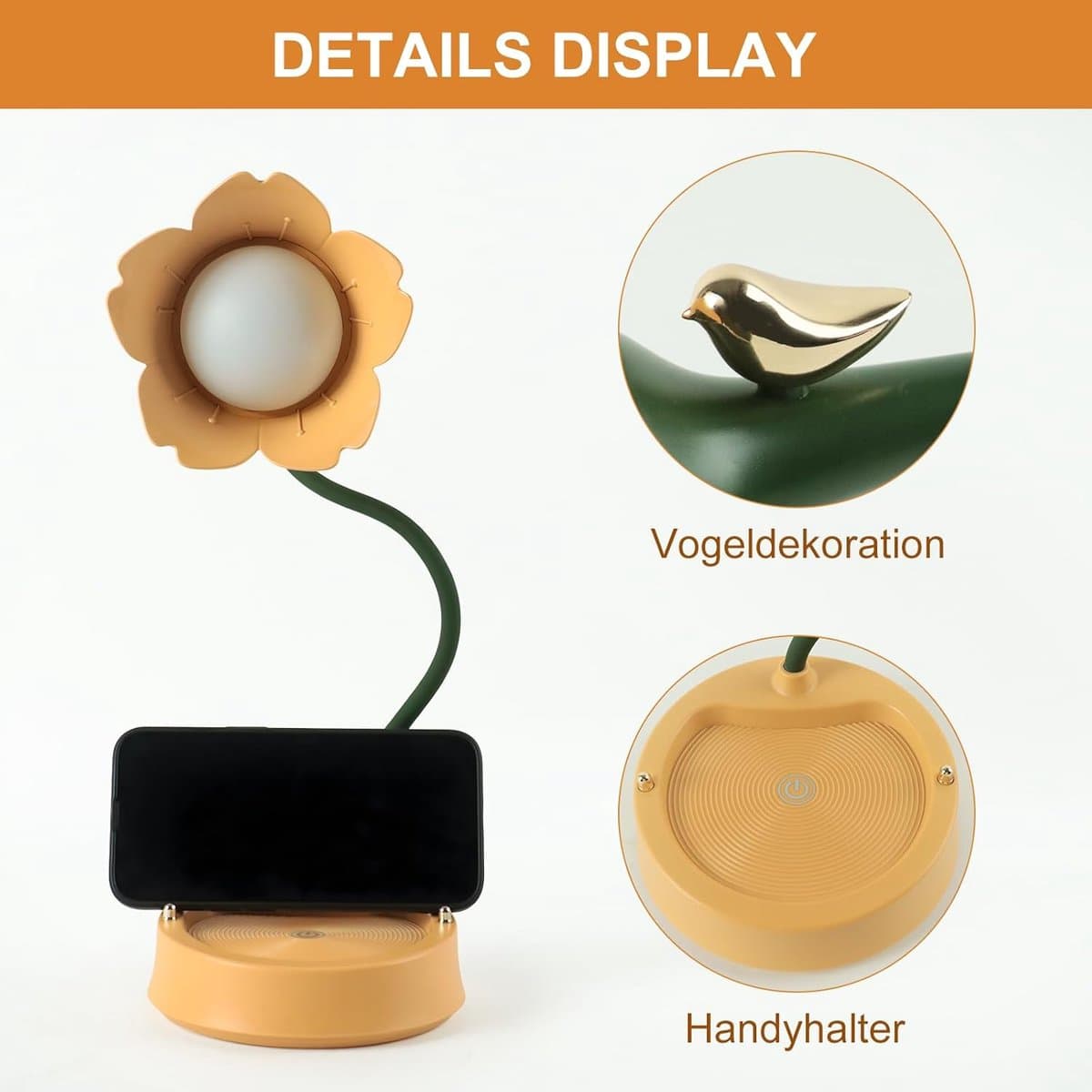 LED-bureaulamp - Dimbaar - Touchbediening en oplaadbaar via USB - Flexibele hals - Geel bloemenpatroon thumbnail 4