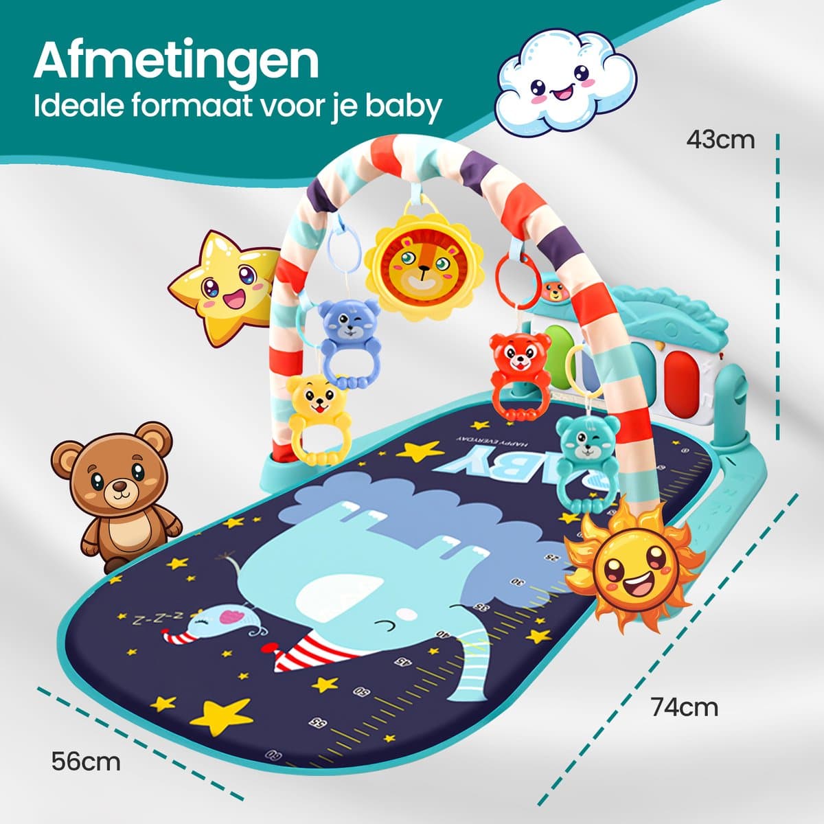 Velox Goods VL-504 Baby Gym met Fitness Piano – Speelkleed voor Baby's vanaf 3 Maanden – Educatief Activiteitencentrum met Muziek, Licht en Verwijderbare Speeltjes – Stimuleert Motorische Ontwikkeling – Blauw thumbnail 2