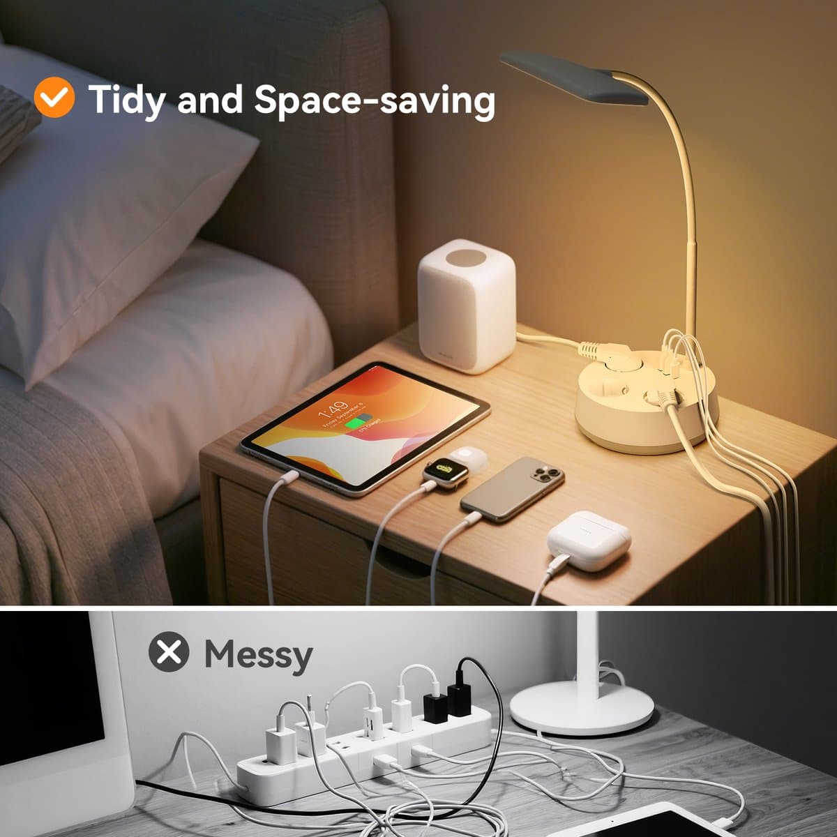 Aigostar 1043R - LED Bureaulamp Dimbaar - 3 Stopcontacten - 3 USB Poorten - Leeslamp - Bedlamp - LED Desk Lamp - Touch Control - 4.6 W - Wit thumbnail 5