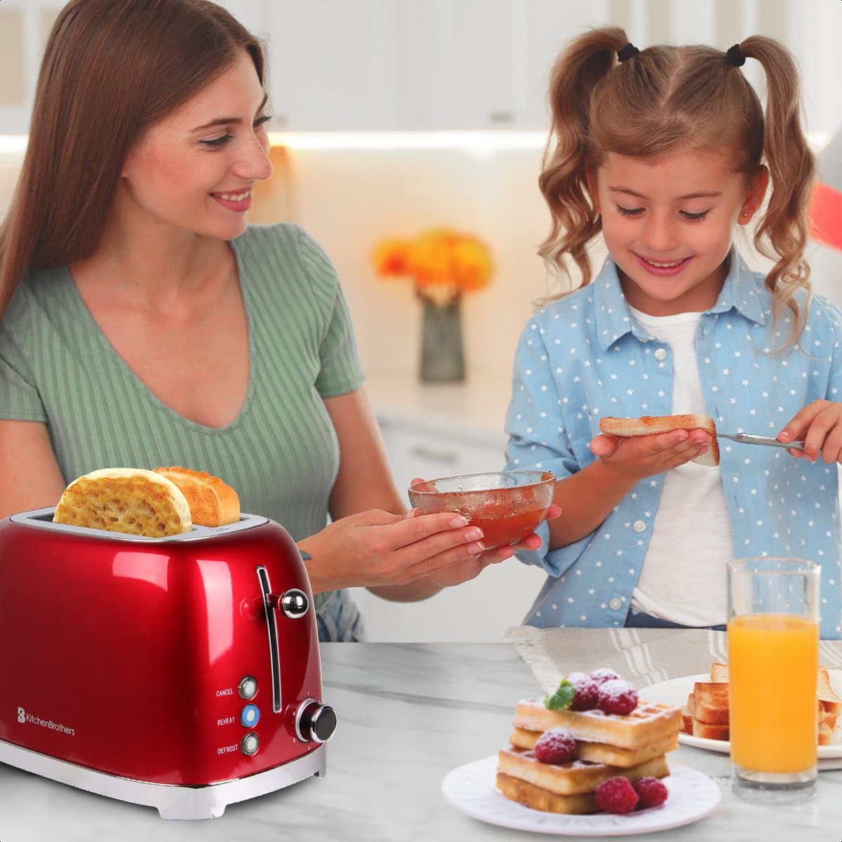 KitchenBrothers Retro Broodrooster - Toaster - 6 Warmteniveaus - 2 Extra Brede Sleuven - BPA-vrij - 815W - Rood thumbnail 7