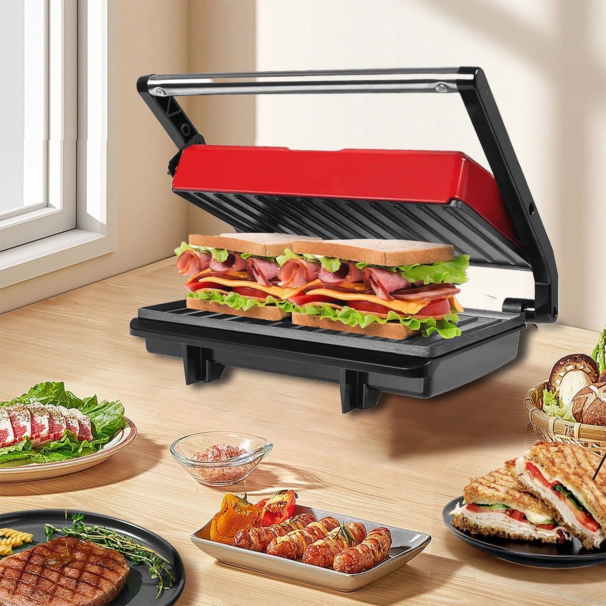 MKSS® Contactgrill - Tosti Apparaat - Tosti-ijzers - Panini Grill - Rood met Zwart thumbnail 4