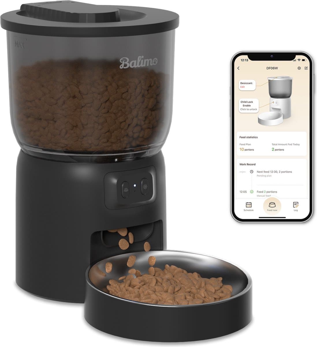 Balimo Automatische Voerbak - Kat en Hond - 3L Voerautomaat Met App - Smartphone Besturing - Voerinhoud - Voor Katten- en Hondenvoer - Droogvoer - WiFi - Automatische voerbak - Zwart