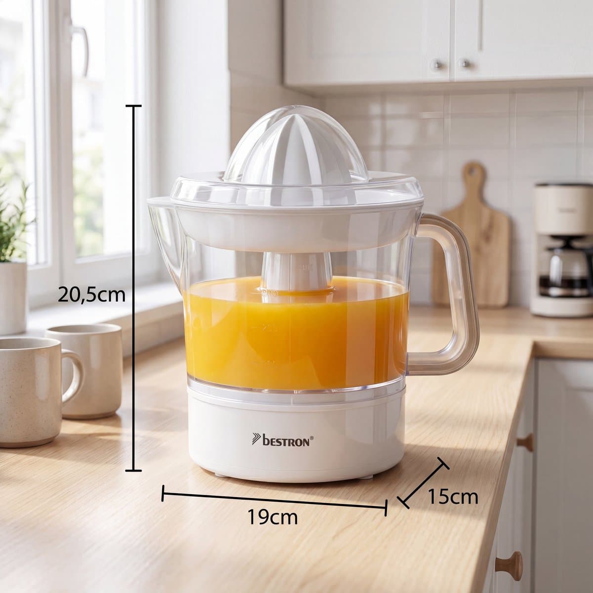 Bestron Citruspers Elektrisch - ACJ350NH - 40W - Incl. 2 perskegels, aromadeksel, sap reservoir - 0,7 Liter - Wit - 5 jaar garantie thumbnail 3