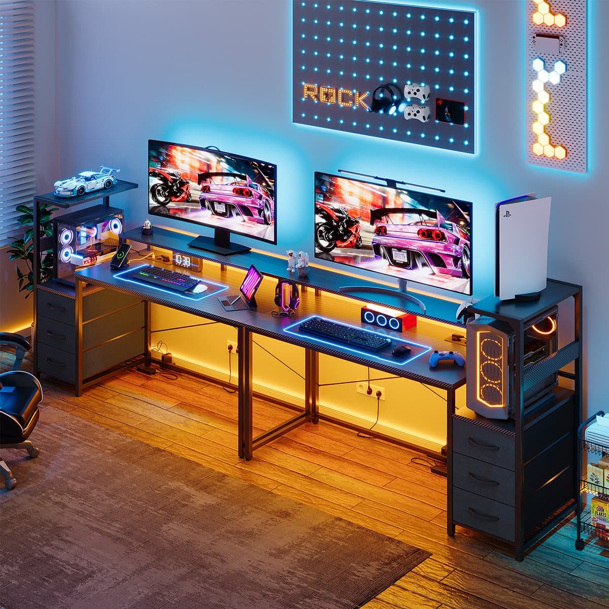 Gaming Bureau met LED Verlichting - 150L x 115H x50B cm - Hoekbureau met Stopcontact - 3 Non Woven Lade - Gaming Desk - Computer Tafel - Gaming Tafel - met Opbergplanken & IJzeren Haak - Zwart - Bureau voor Gamen, Studeren en Werken thumbnail 5