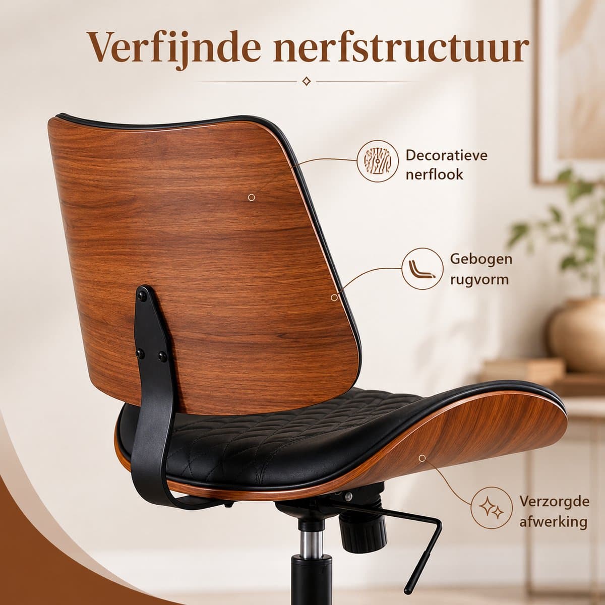 Durrafy Ergonomische Bureaustoel - Bureaustoel zonder Armleuningen - Bureaustoelen voor Volwassenen - Verrijdbaar & In Hoogte Verstelbaar - 360° Draaibaar - 90°-130° Kantelbare Rugleuning - PU-Kunstleer - Decoratieve Warmbruine Afwerking - Zwart thumbnail 5