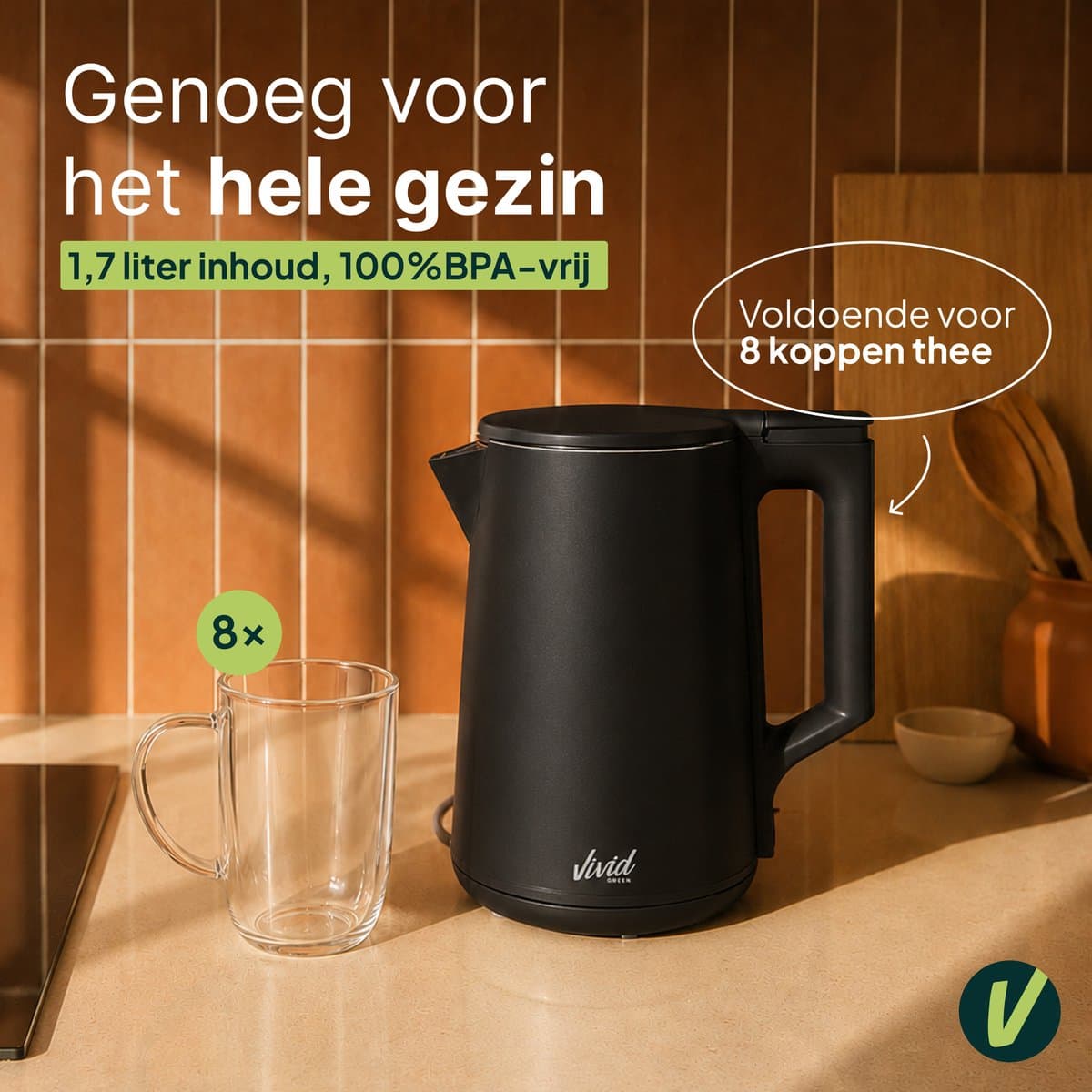 Vivid Green Waterkoker - 1.7L - Dubbelwandig - BPA-vrij - RVS - 2000W - Elektrisch - Zwart thumbnail 2