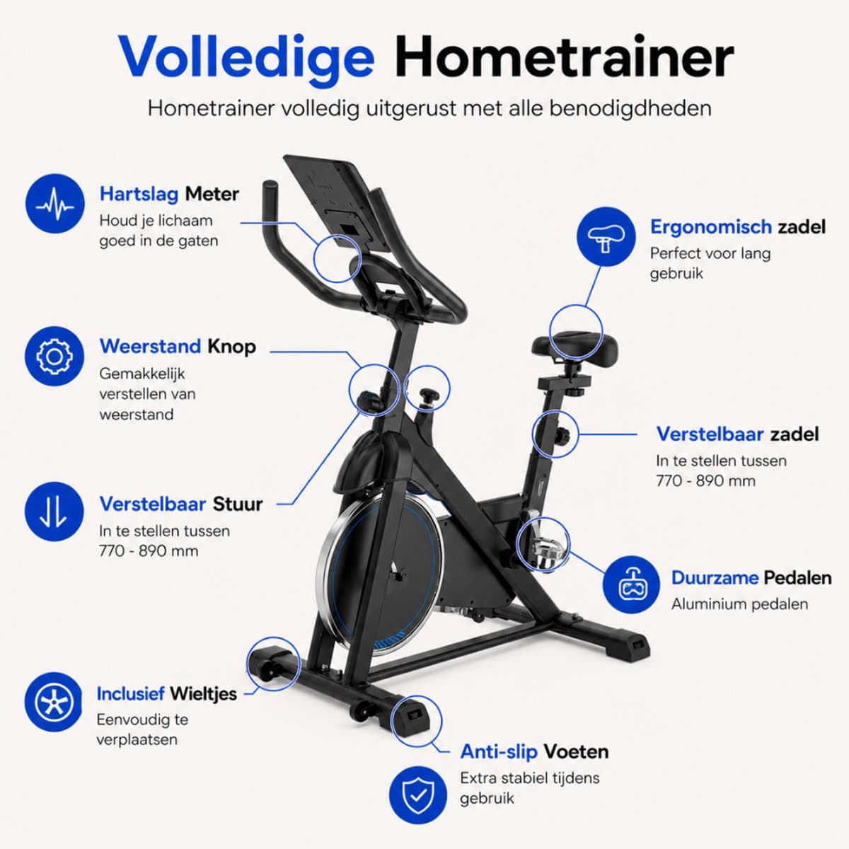 Sportfloww Hometrainer - Fitness Fiets - Spinningfiets - 8KG Vliegwiel -Hartslagmeter - Incl App thumbnail 7