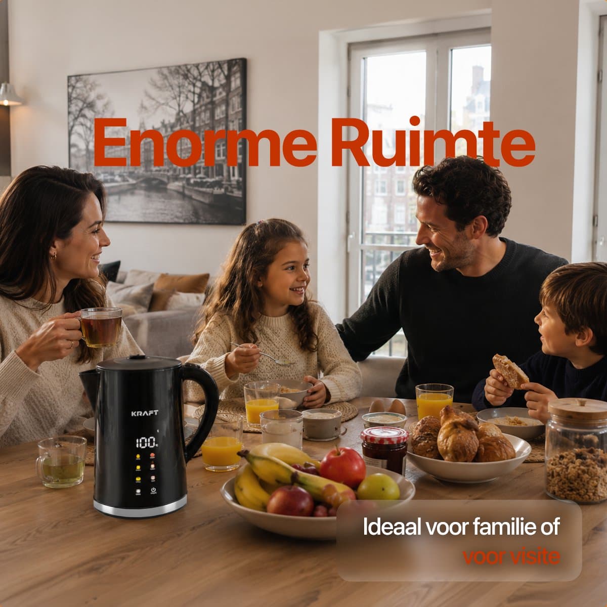 KRAFT Waterkoker met Temperatuurregeling - 1,7 Liter - LED Touch - Zwart - 2200W thumbnail 3