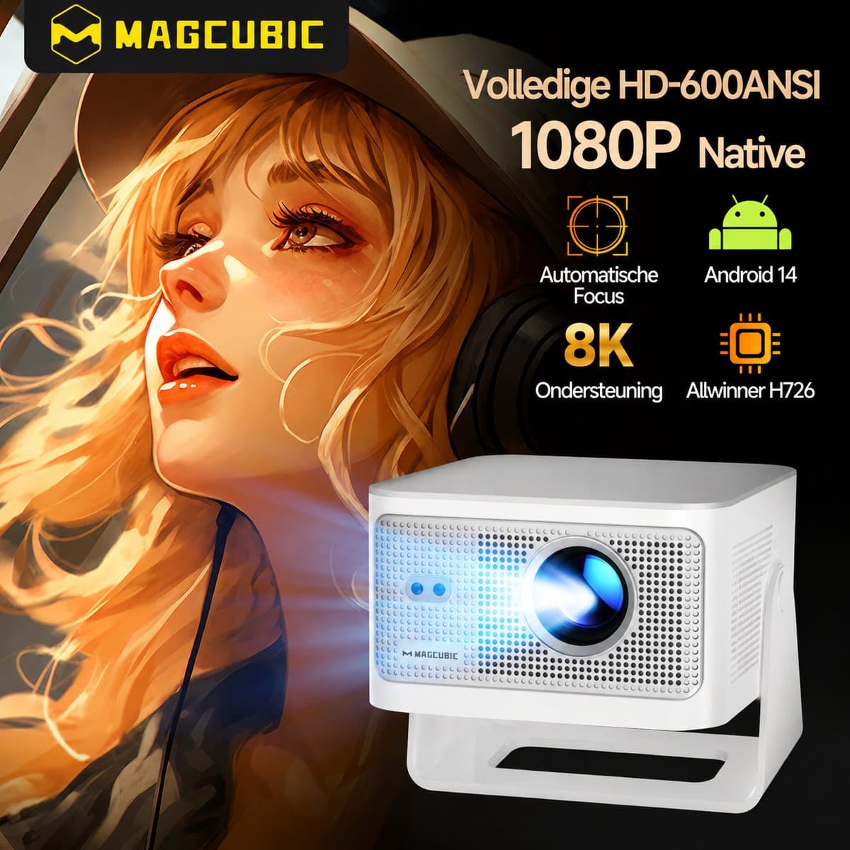 Magcubic® HY350MAX Mini Beamer 8K-1080P Full HD Smart Projector-600ANSI Lumen-Draagbare Beamer voor Film & Gaming-Thuisbioscoop–180° Draaibaar-Automatische focus-Geïntegreerde Google Play&6000+ Apps–Android 14-WiFi 6&Bluetooth 5.4 thumbnail 2
