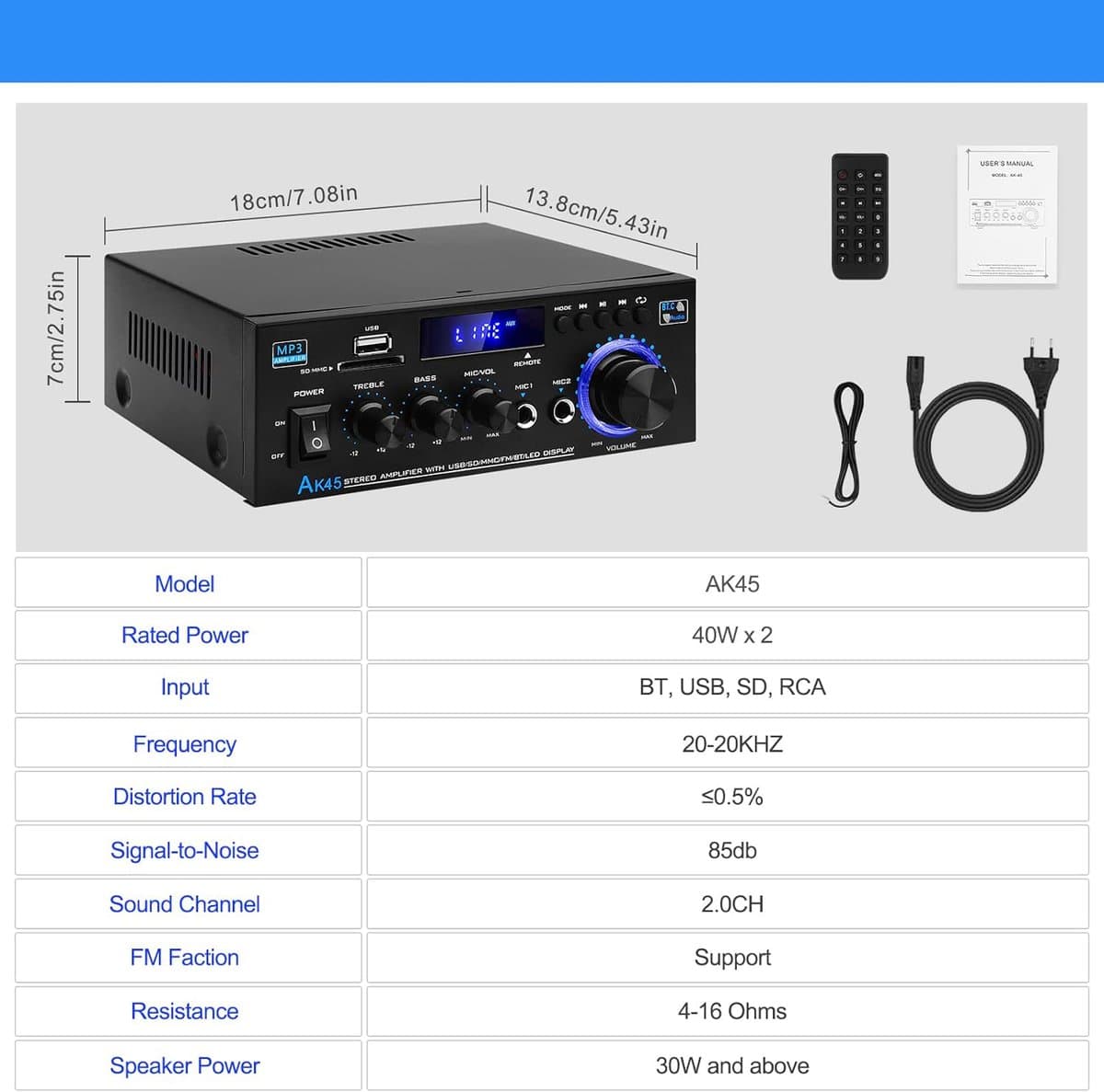 Bluetooth 5.0 Audioversterker - Ak45 Hifi Stereo Mini-Eindversterker - 400w 2-Kanaals Draadloze Bluetooth 5.0 Eindversterker thumbnail 8