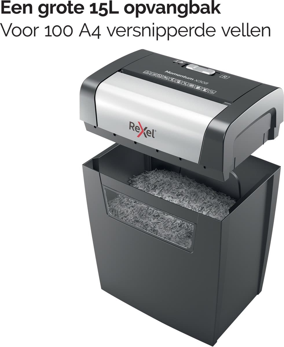 Rexel Momentum X308 Papierversnipperaar - P3 Cross Cut Snippers - Tot 8 Vel - 15L - Zwart thumbnail 7