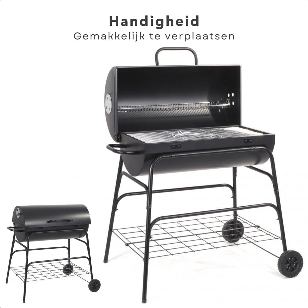 Grote Verrijdbare Cilinder BBQ op Wielen met Verstelbare Ventilatieroosters - Houtskool Barbecue - Houtskoolbarbecue - Cilinder thumbnail 2