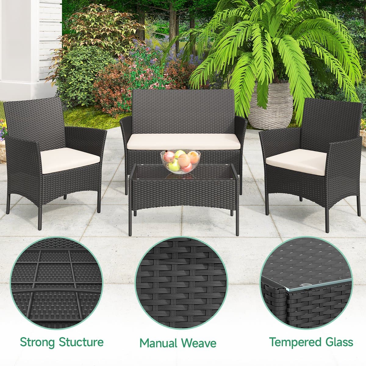 Loungesets - BIGZZIA Tuinmeubelset - 4 met - met 2 fauteuils, 1 bank en 1 tafel - Zwart thumbnail 2