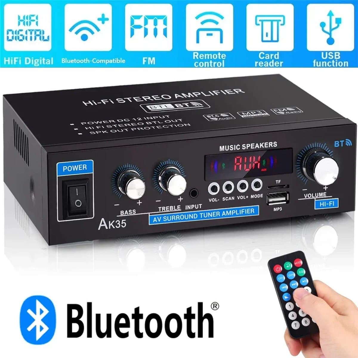 DrPhone PureSound Fosi - HiFi-stereo-audioversterker - Bluetooth Audio Power Versterker - 2-Kanaals Output – Met Afstandsbediening - Zwart thumbnail 4