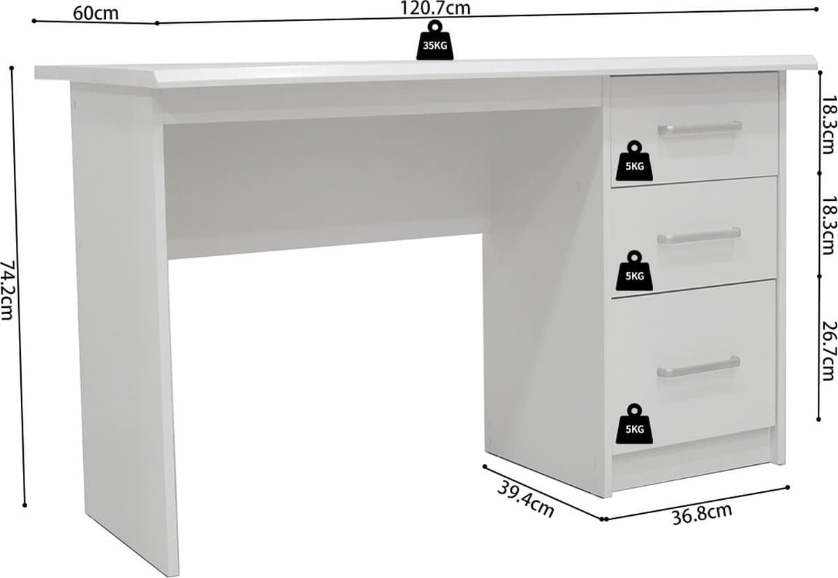 Bureau 120 cm met lades – compact wit bureau met opbergruimte thumbnail 5