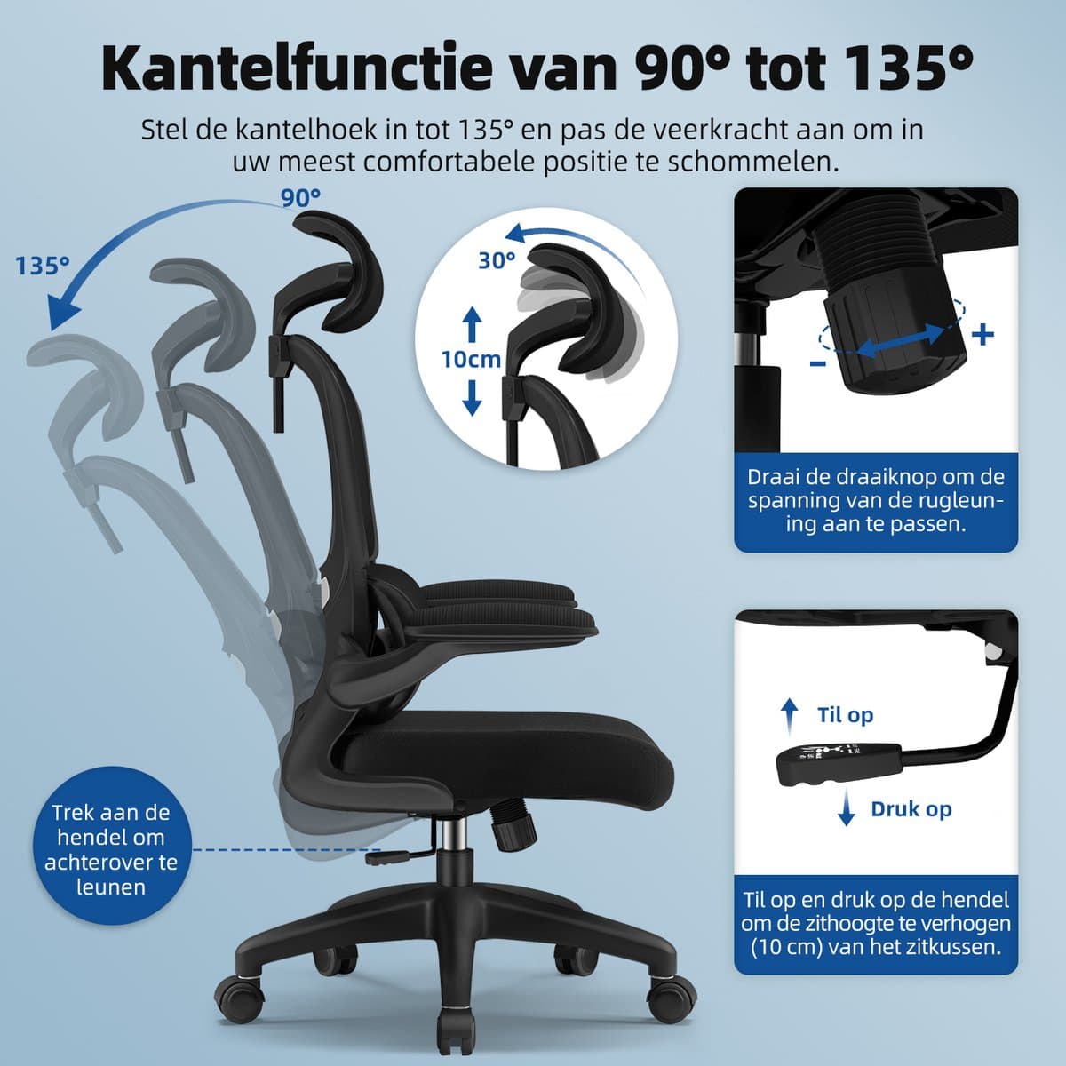 Elekiatech Ergonomische Bureaustoel - Bureaustoel met Opklapbare Armleuningen - Bureaustoelen voor Volwassenen - 150 Kg - Zwart thumbnail 3