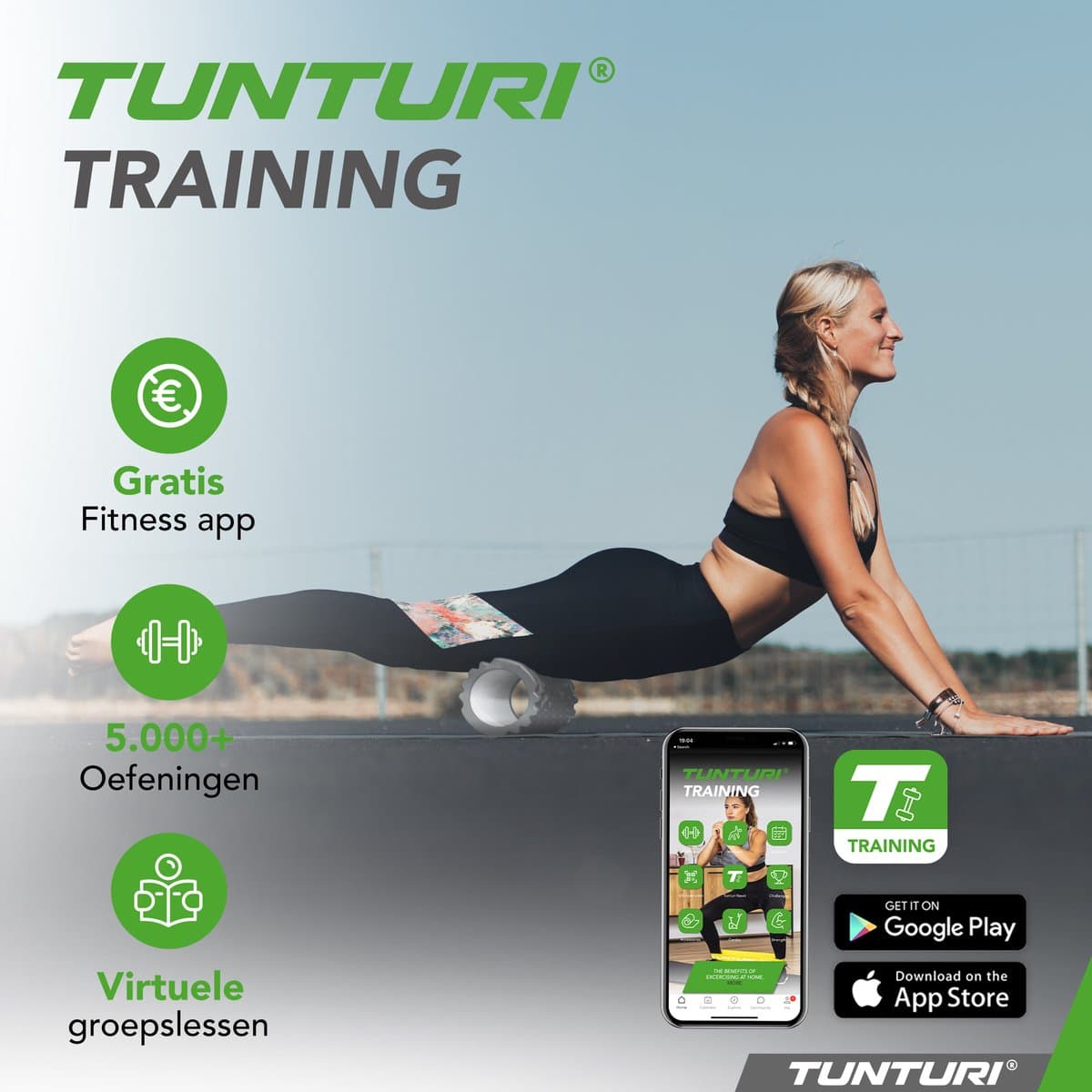Tunturi Yoga Grid Foam Roller - Massage Roller - Foamroller - Fitness Roller - Grijs - 33cm - Incl. gratis fitness app thumbnail 2