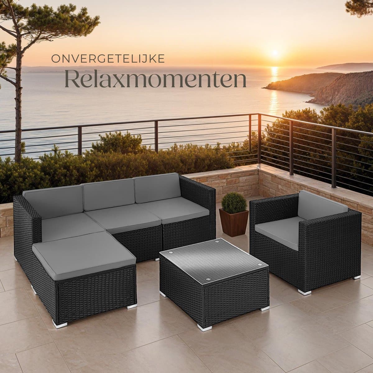 tectake® Wicker lounge - Tuinmeubelset voor buiten met bank, fauteuil, kruk en tafel - Variabel combineerbaar - Weerbestendig meubilair - Voor 4-5 personen - Balkonmeubilair - Tuinlounge - Terrasmeubilair - Zwart thumbnail 6
