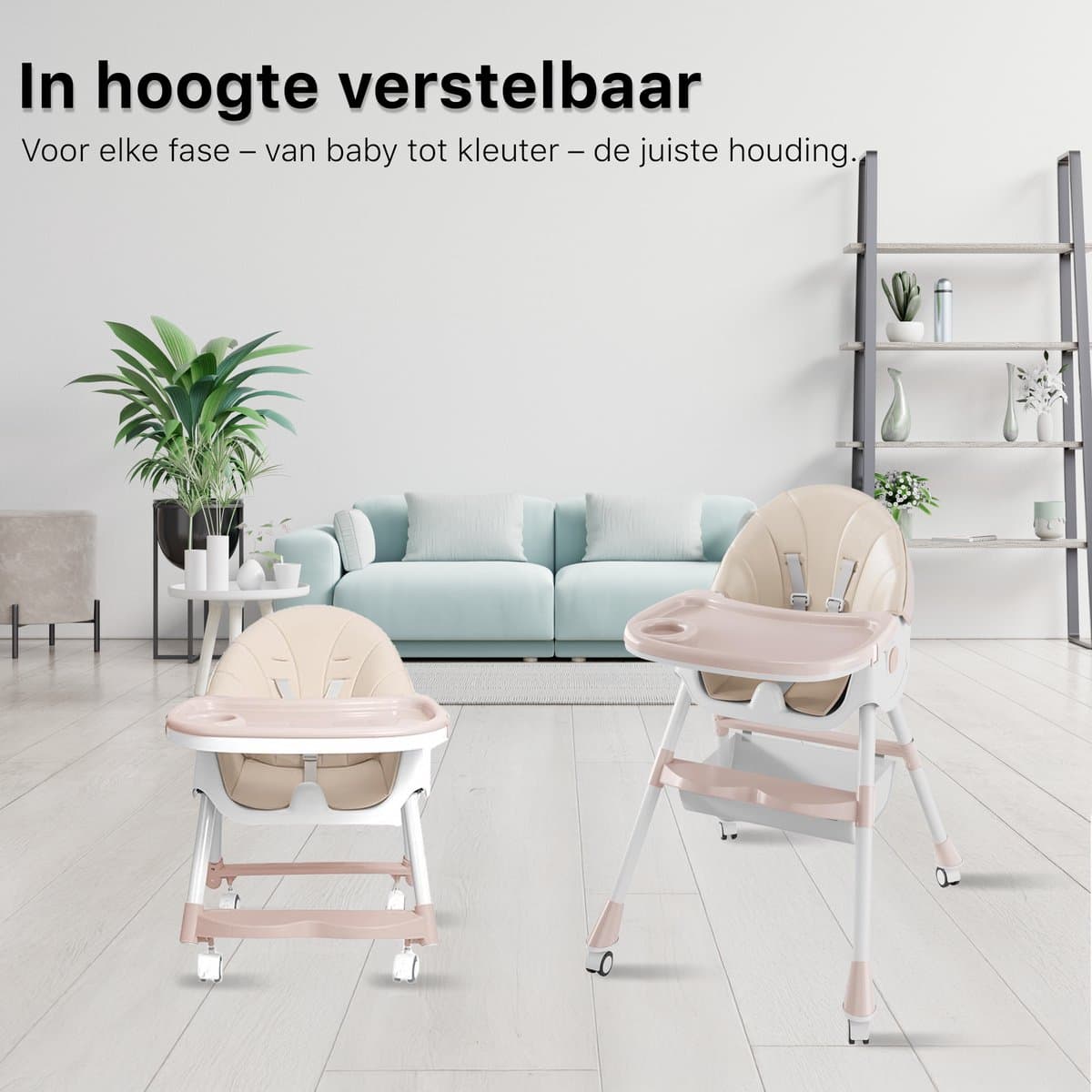 Phreeze Kinderstoel - Inklapbaar - Meegroeistoel 6 t/m 72 maanden - Afneembare Wielen - Eetstoel Baby & Peuter - Ook als Loopstoel, Wipstoel, Babystoel aan tafel / voor eten / thuis - Beige thumbnail 4