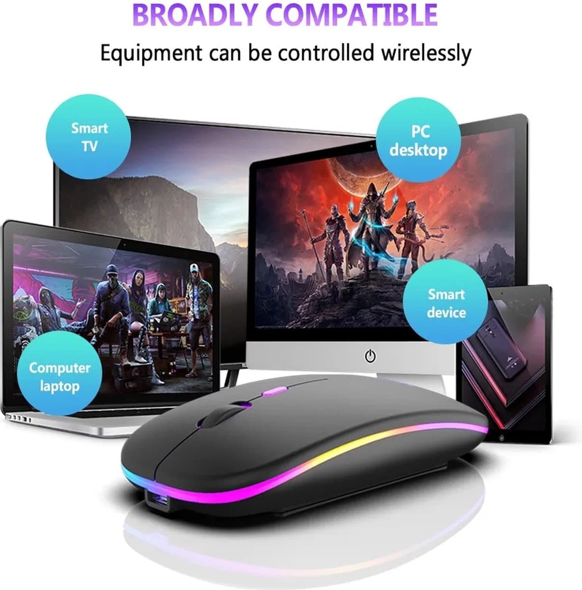 Matte Zwart Draadloze oplaadbare RGB muis- geluidloze klik - Voor Pc Ipad Laptop Mobiele Telefoon_ergonomisch - bluetooth - soft-touch muis - Matte Zwart - RGB LED light thumbnail 3