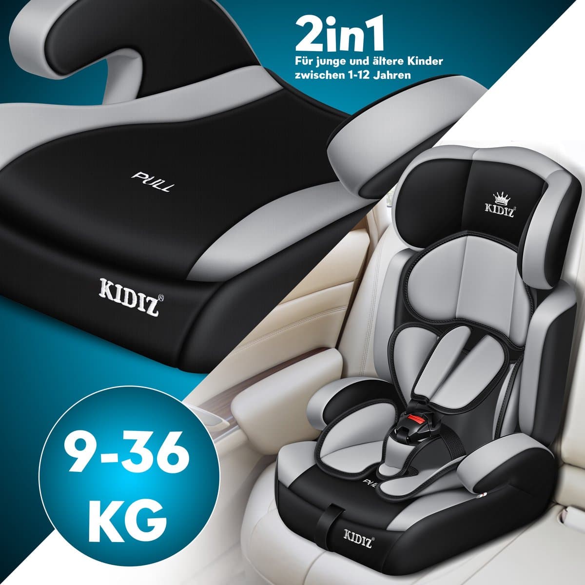 KIDIZ® kinderautostoeltje | kuip autostoeltje | 9 kg - 36 kg 1-12 jaar | groep 1/2 / 3 | universeel | goedgekeurd volgens ECE R44/04 | 6 verschillende kleuren | - Grijs thumbnail 6